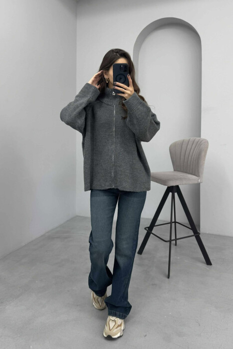 ONE COLOR KNITTED ZIPPER WOMEN CARDIGAN DARK GREY/GEE - KLAUDIO FASHION