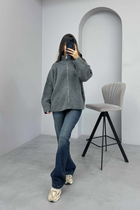 ONE COLOR KNITTED ZIPPER WOMEN CARDIGAN DARK GREY/GEE - 2