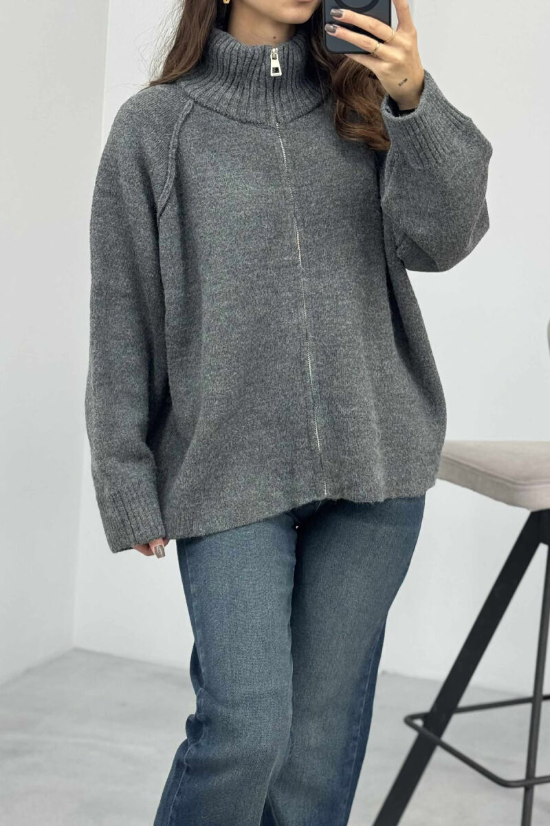 ONE COLOR KNITTED ZIPPER WOMEN CARDIGAN DARK GREY/GEE - 4