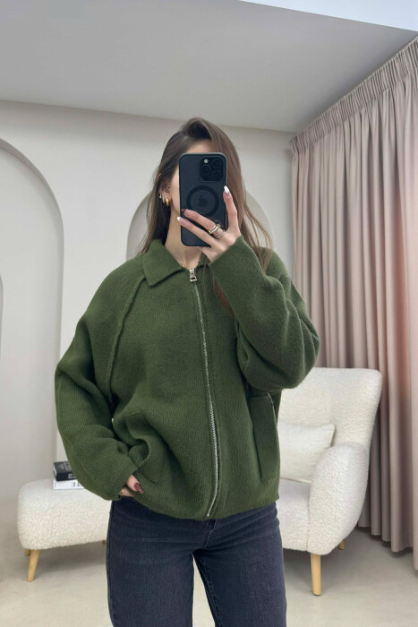 ONE COLOR KNITTED ZIPPER WOMEN CARDIGAN GREEN/JESHILE - KLAUDIO FASHION