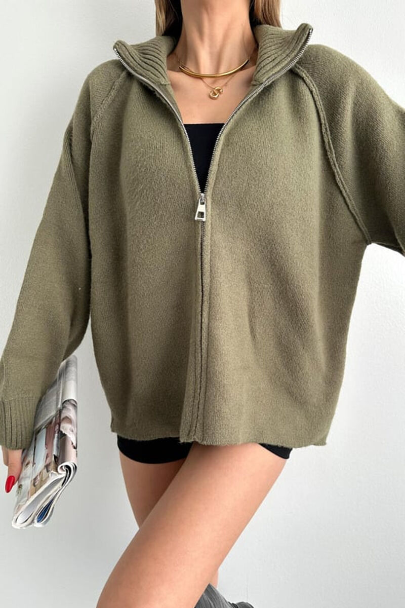 ONE COLOR KNITTED ZIPPER WOMEN CARDIGAN OLIVE/ULLI - 4