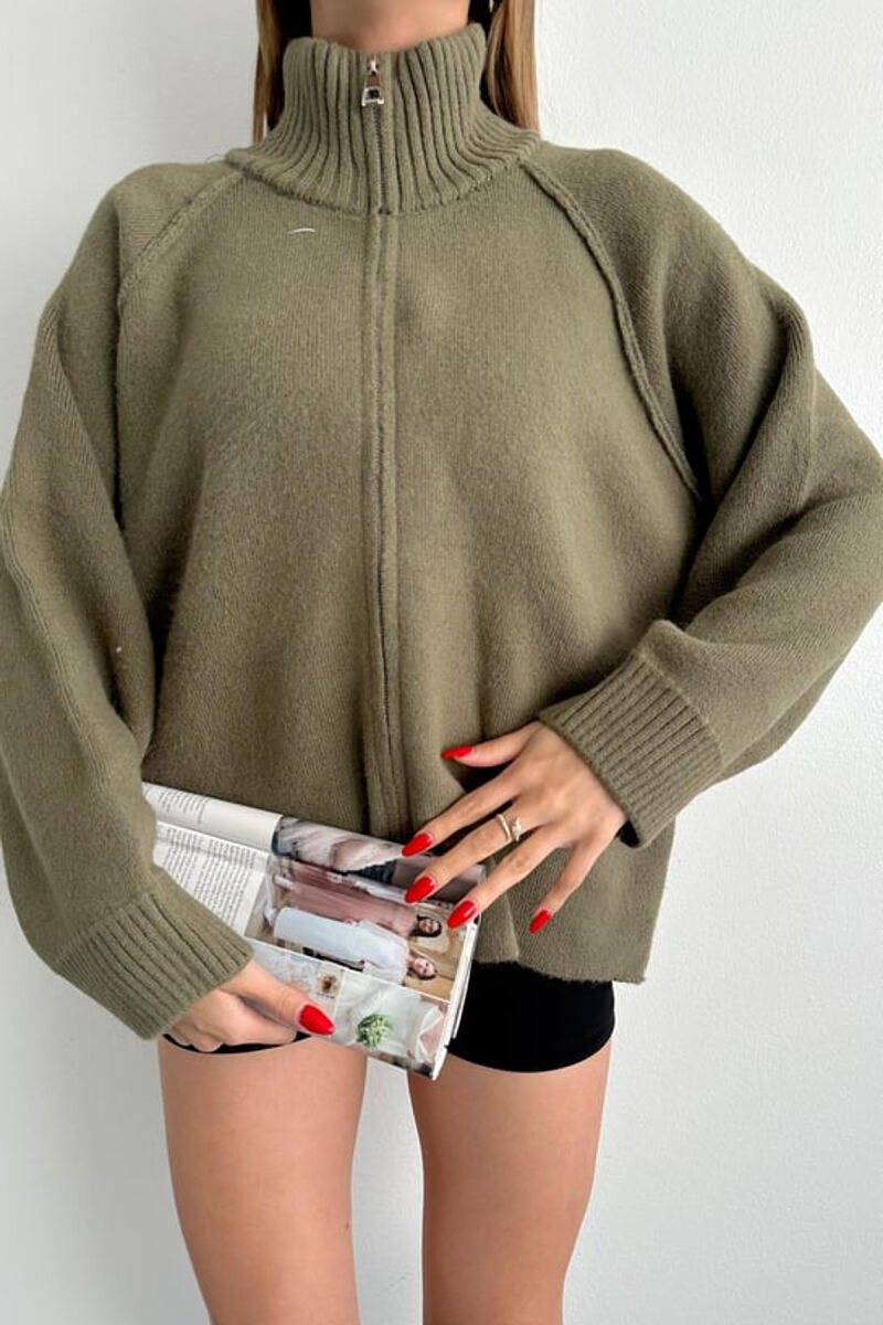 ONE COLOR KNITTED ZIPPER WOMEN CARDIGAN OLIVE/ULLI - 6