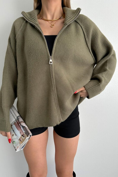 ONE COLOR KNITTED ZIPPER WOMEN CARDIGAN OLIVE/ULLI - 5