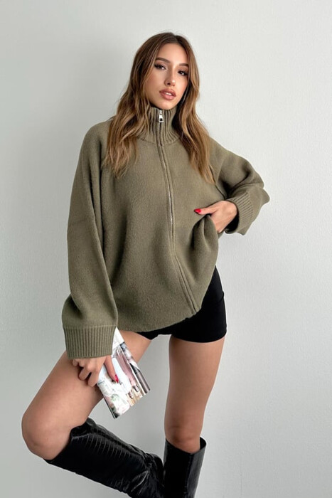 ONE COLOR KNITTED ZIPPER WOMEN CARDIGAN OLIVE/ULLI - 2