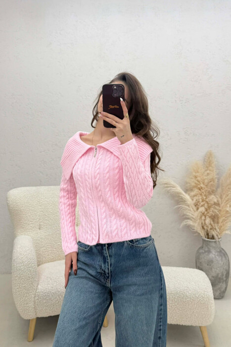 ONE COLOR KNITTED ZIPPER WOMEN CARDIGAN PINK/ROZE - KLAUDIO FASHION