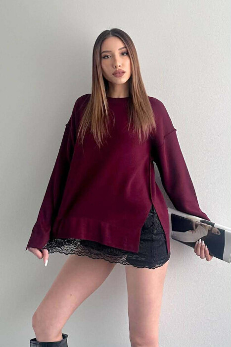 ONE COLOR LACE DETAIL WOMAN SWEATER BURGUNDY/VISHNJE - 1