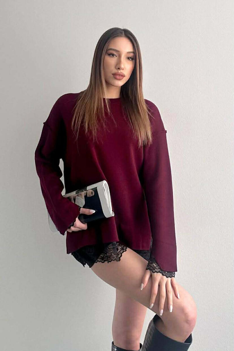 ONE COLOR LACE DETAIL WOMAN SWEATSHIRT BURGUNDY/VISHNJE - 2