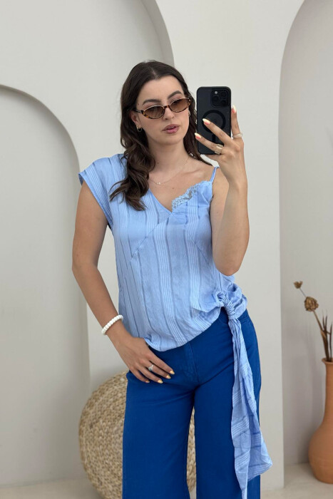 ONE COLOR LACE DETAIL WOMEN TANK TOP LIGHTBLUE/BZ - KLAUDIO FASHION