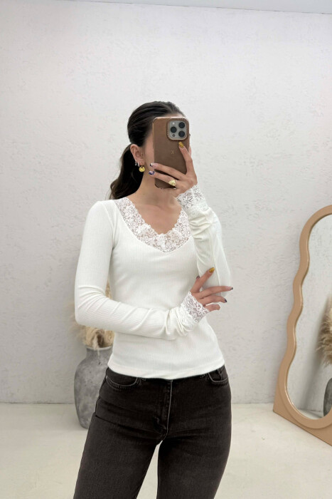 ONE COLOR LACE V-NECK LONG SLEEVE WOMAN SWEATSHIRT CREAM/KREM - 1