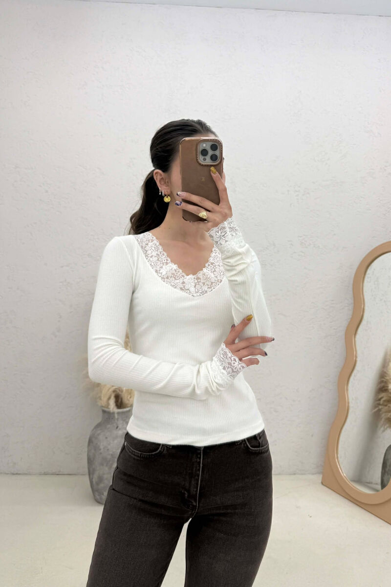 ONE COLOR LACE V-NECK LONG SLEEVE WOMAN SWEATSHIRT CREAM/KREM - 1