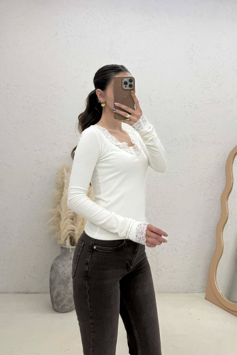 ONE COLOR LACE V-NECK LONG SLEEVE WOMAN SWEATSHIRT CREAM/KREM - 2