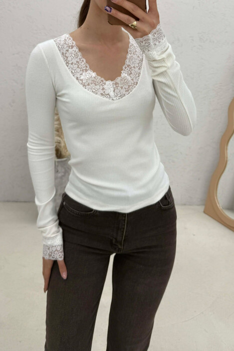 ONE COLOR LACE V-NECK LONG SLEEVE WOMAN SWEATSHIRT CREAM/KREM - 3