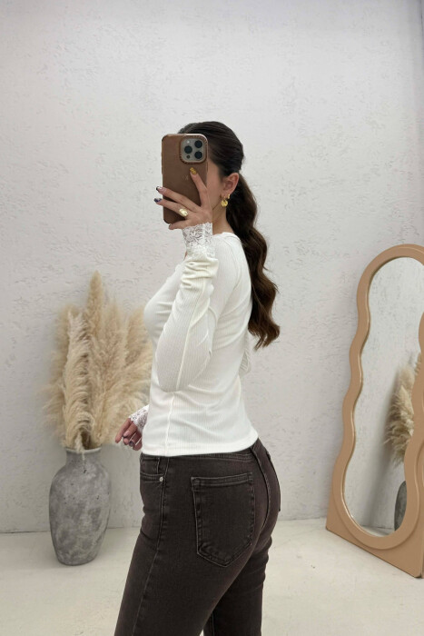 ONE COLOR LACE V-NECK LONG SLEEVE WOMAN SWEATSHIRT CREAM/KREM - 4