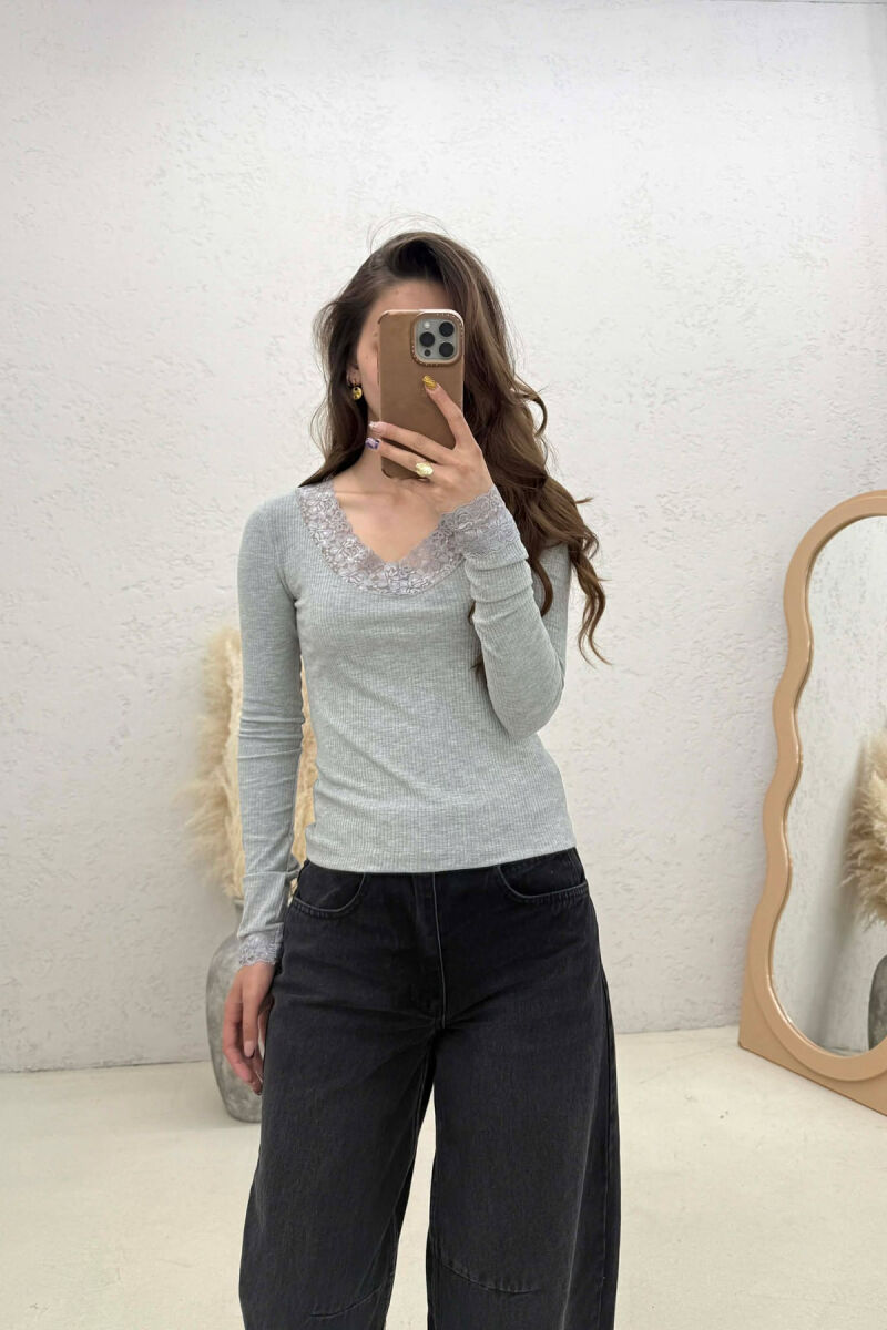 ONE COLOR LACE V-NECK LONG SLEEVE WOMAN SWEATSHIRT GREY/GRI - 1