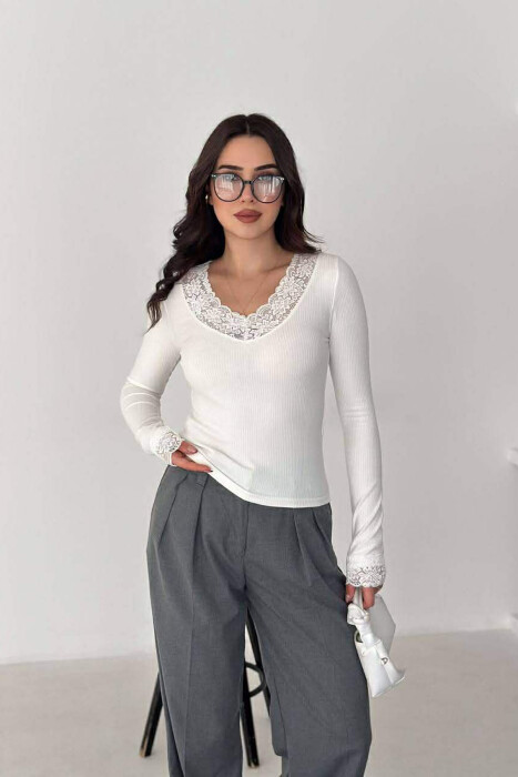ONE COLOR LACE V-NECK LONG SLEEVE WOMAN SWEATSHIRT WHITE-E BARDHE 
