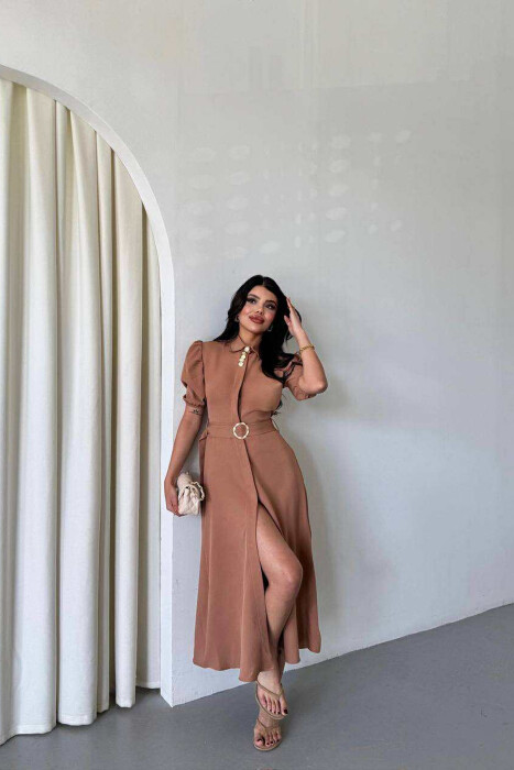 ONE COLOR LACING BELT POLO NECK WOMEN DRESS BEIGE/BEZHE 