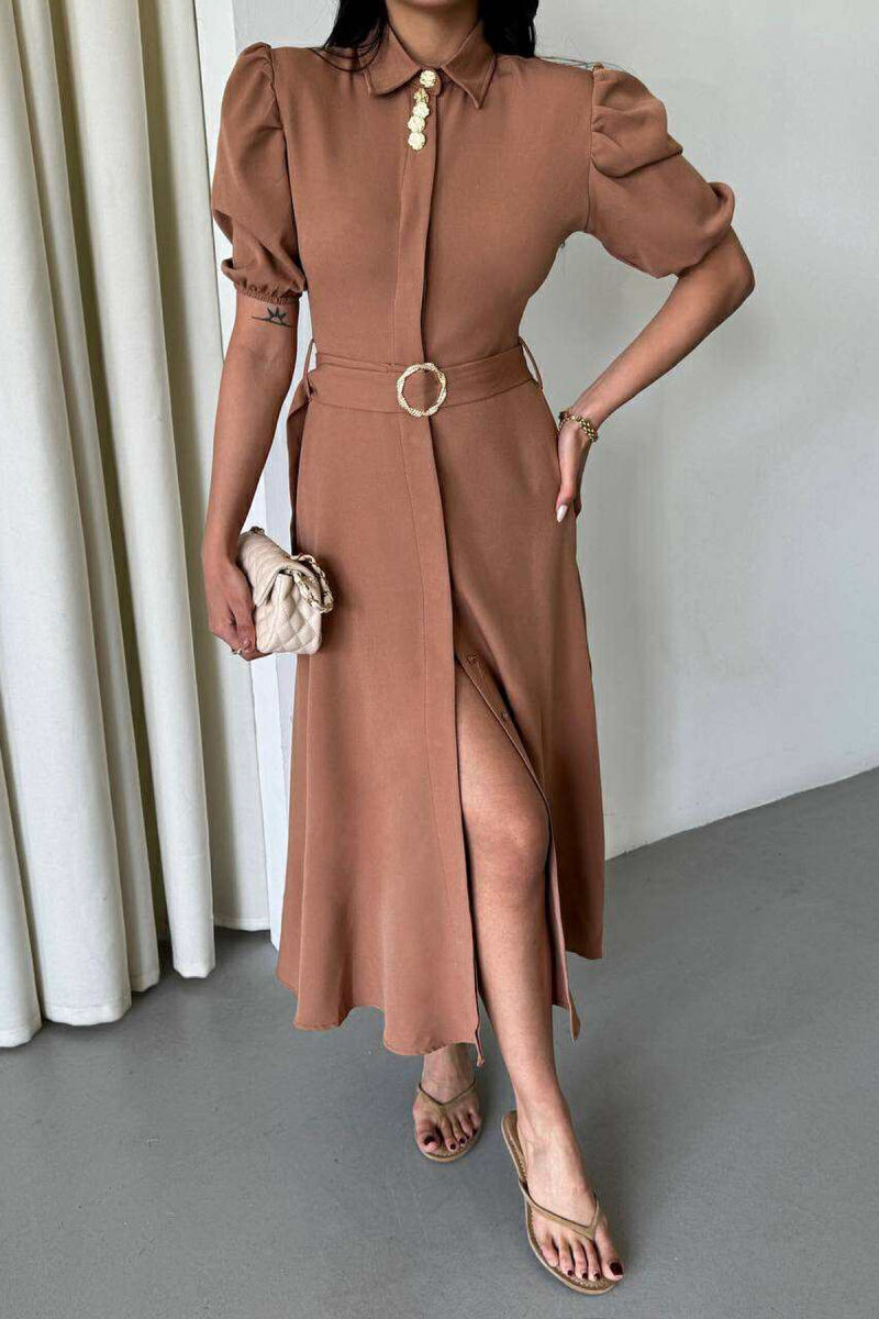 ONE COLOR LACING BELT POLO NECK WOMEN DRESS BEIGE/BEZHE - 2