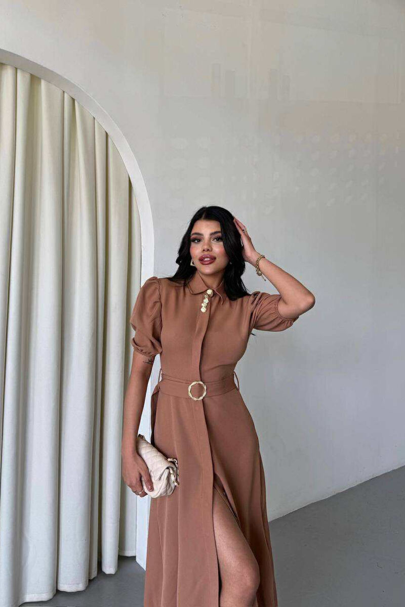 ONE COLOR LACING BELT POLO NECK WOMEN DRESS BEIGE/BEZHE - 3