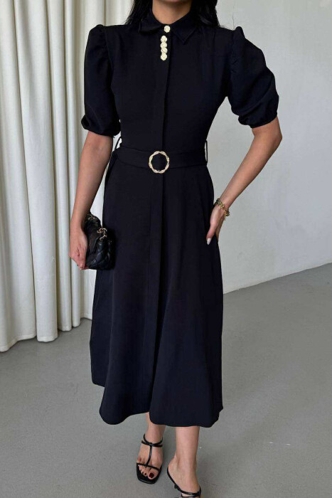 ONE COLOR LACING BELT POLO NECK WOMEN DRESS BLACK/ E ZEZE - 4