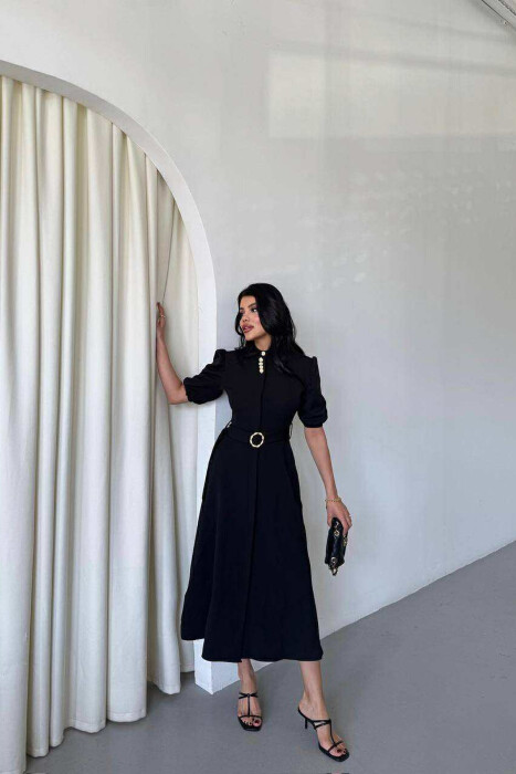 ONE COLOR LACING BELT POLO NECK WOMEN DRESS BLACK/ E ZEZE 