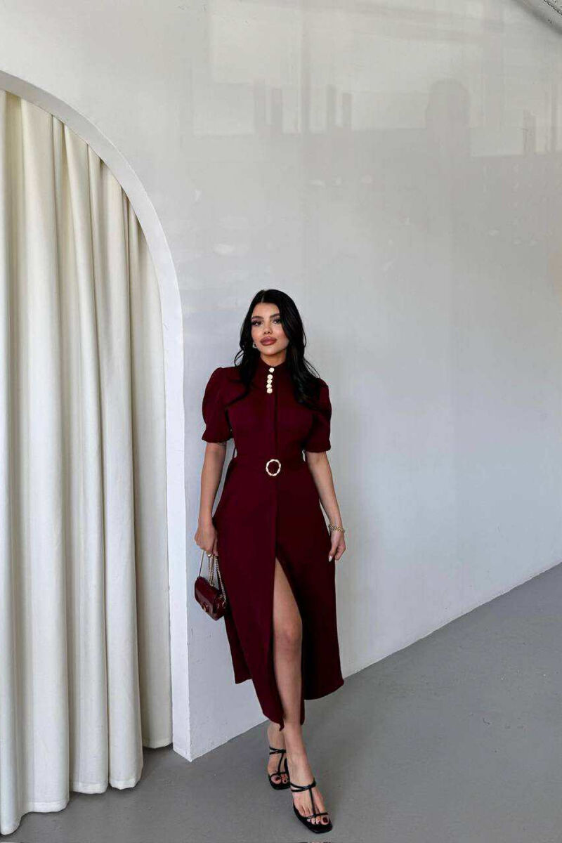 ONE COLOR LACING BELT POLO NECK WOMEN DRESS BURGUNDY/VISHNJE - 1
