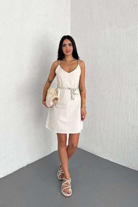 FUSTAN NJË NGJYRËSH PËR FEMRA ME RRIPA TË HOLLË DHE ME LIDHËSE NË BELI NË NGJYRË KREM - KLAUDIO FASHION