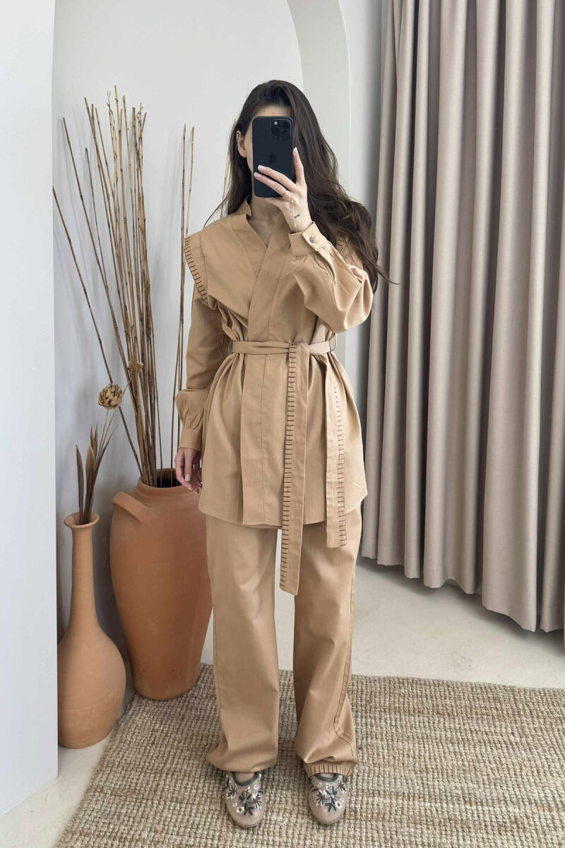 ONE COLOR LACING CARDIGAN+TROUSERS WOMEN SET LIGHT BROWN/KAZB - 1
