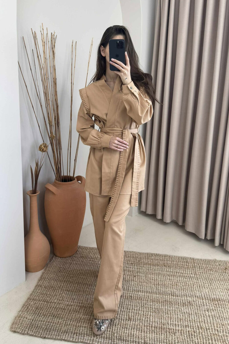 ONE COLOR LACING CARDIGAN+TROUSERS WOMEN SET LIGHT BROWN/KAZB - 2