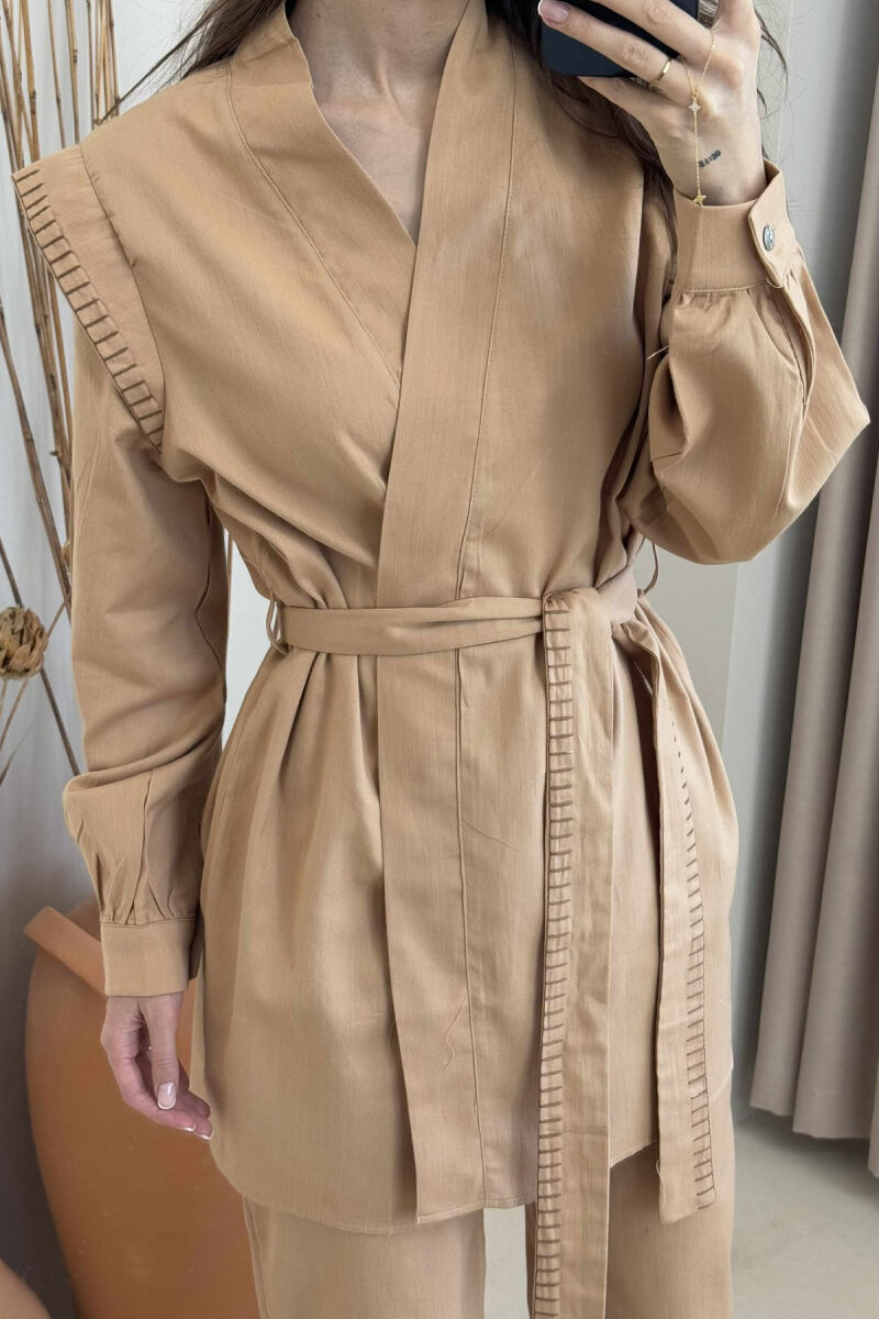 ONE COLOR LACING CARDIGAN+TROUSERS WOMEN SET LIGHT BROWN/KAZB - 3