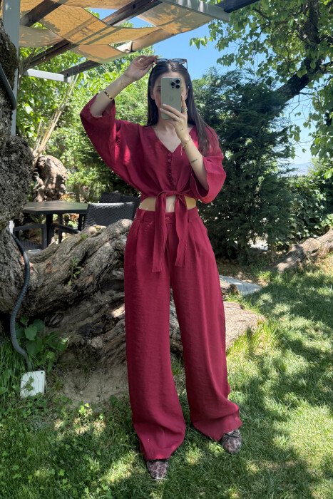 ONE COLOR LACING CROP TOP+ TROUSERS WOMEN SET BURGUNDY/VISHNJE 