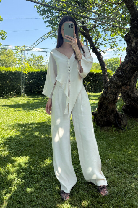 ONE COLOR LACING CROP TOP+ TROUSERS WOMEN SET CREAM/KREM 