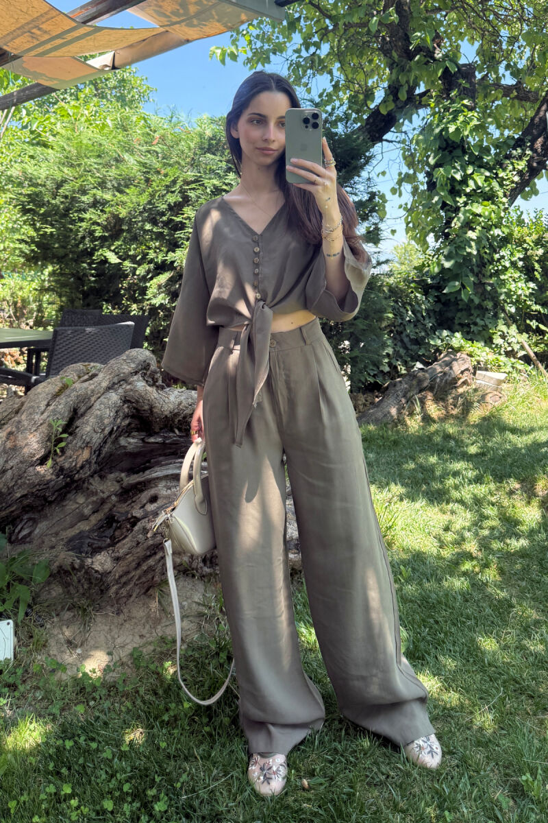 ONE COLOR LACING CROP TOP+ TROUSERS WOMEN SET GREEN/JESHILE - 1