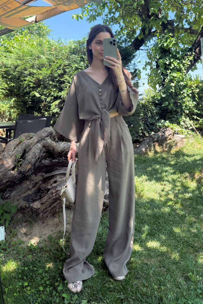 ONE COLOR LACING CROP TOP+ TROUSERS WOMEN SET GREEN/JESHILE - 2