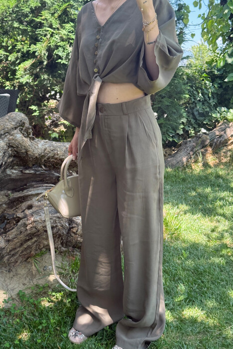 ONE COLOR LACING CROP TOP+ TROUSERS WOMEN SET GREEN/JESHILE - 4