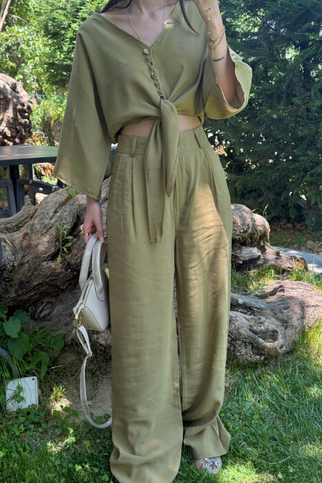 ONE COLOR LACING CROP TOP+ TROUSERS WOMEN SET OLIVE/ULLI - 2