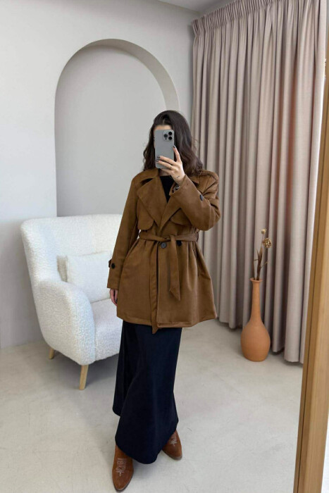 PALLTO KAMOSHI NJË NGJYRËSHE ME DETAJIN E LIDHSEVE PËR FEMRA NË NGJYRË KAFE - KLAUDIO FASHION