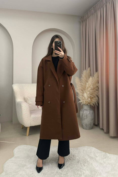 ONE COLOR LACING DETAIL WOMEN COAT BROWN/KAFE - KLAUDIO FASHION