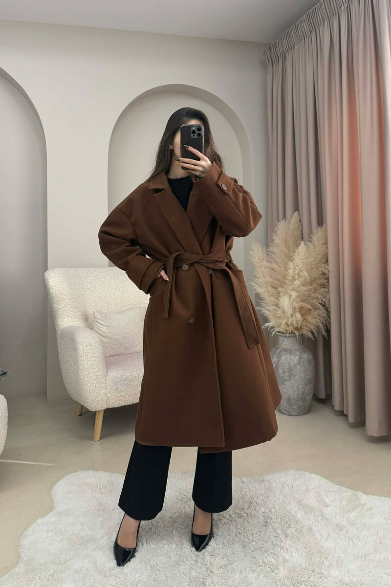 ONE COLOR LACING DETAIL WOMEN COAT BROWN/KAFE - 2
