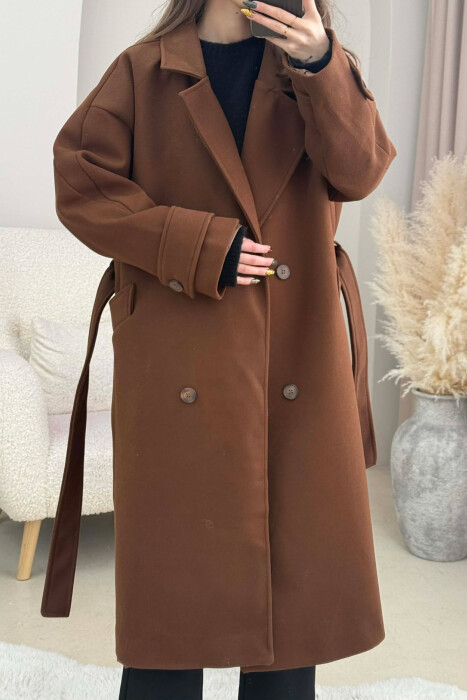 ONE COLOR LACING DETAIL WOMEN COAT BROWN/KAFE - 3