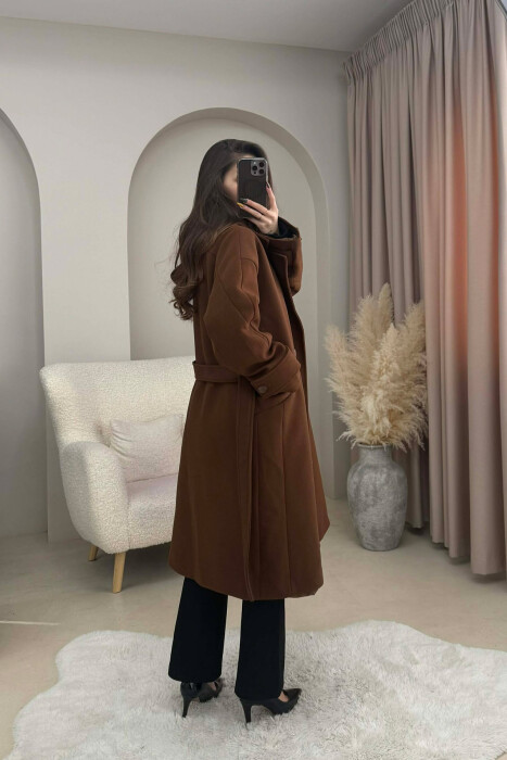 ONE COLOR LACING DETAIL WOMEN COAT BROWN/KAFE - 4