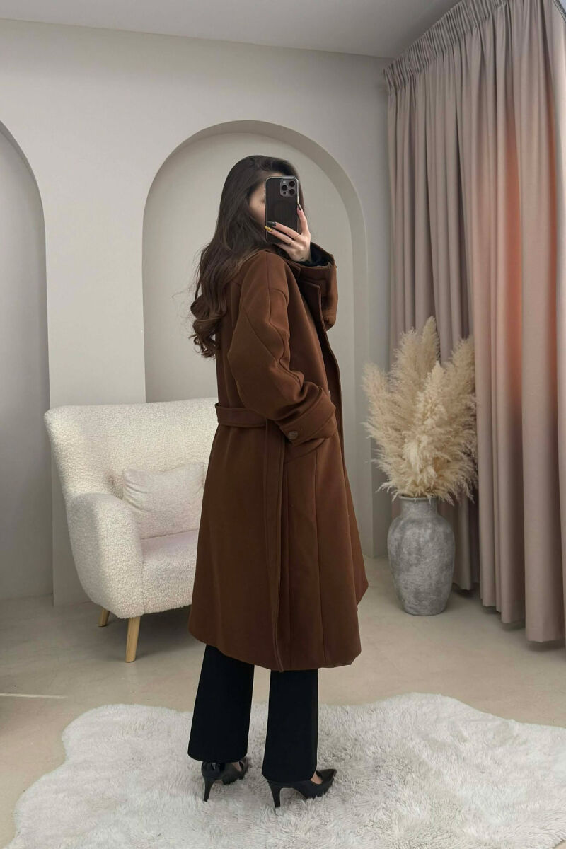 ONE COLOR LACING DETAIL WOMEN COAT BROWN/KAFE - 4