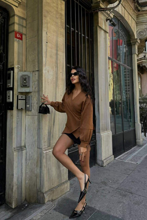 ONE COLOR LACING DETAIL WOMEN SHIRT BROWN/KAFE - 5