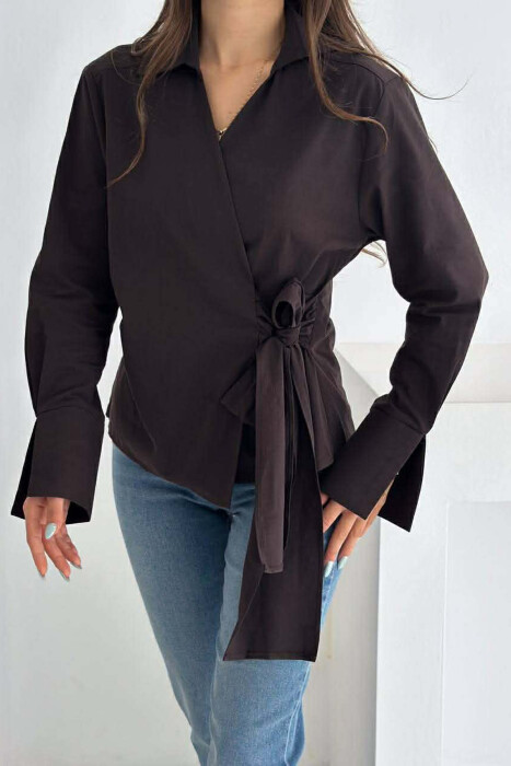 ONE COLOR LACING DETAIL WOMEN SHIRT DARK BROWN/KAE - 2