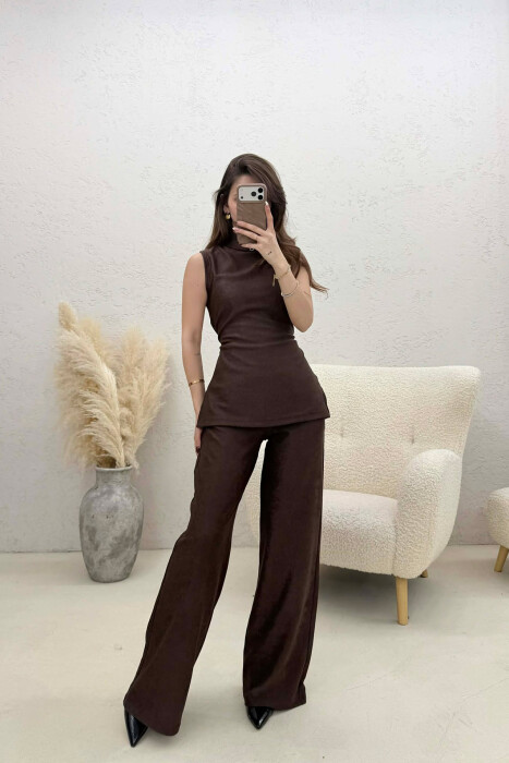 ONE COLOR LACING DETAILS SWEATSHIRT + TROUSERS WOMAN TWO PIECE SET BROWN/KAFE - KLAUDIO FASHION