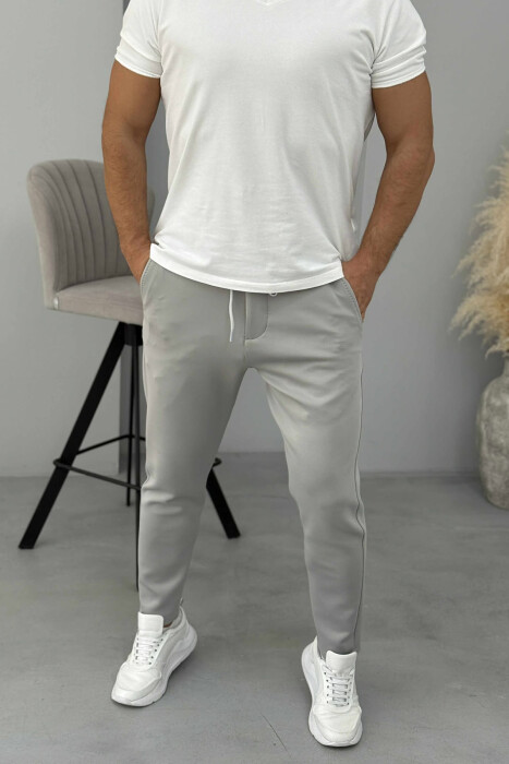 PANTALLONA NJËNGJYRËSHE ELASTIKE NË BELI DHE ME LIDHËSE PËR MESHKUJ NË NGJYRËN GRI - KLAUDIO FASHION