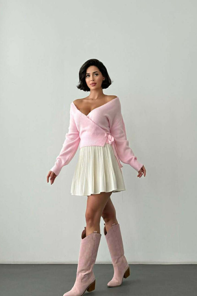 ONE COLOR LACING KNITTED WOMEN CARDIGAN PINK/ROZE - 2