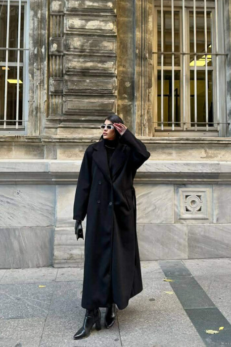 ONE COLOR LACING LONG WOMEN COAT BLACK/ E ZEZE - 3