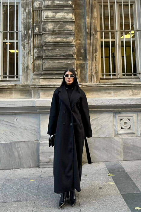 ONE COLOR LACING LONG WOMEN COAT BLACK/ E ZEZE - 4