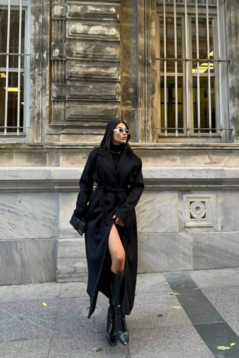 ONE COLOR LACING LONG WOMEN COAT BLACK/ E ZEZE - 6