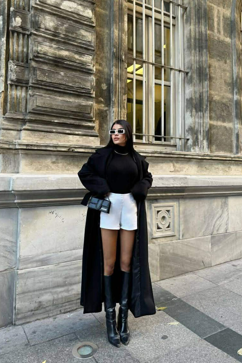 ONE COLOR LACING LONG WOMEN COAT BLACK/ E ZEZE - 7